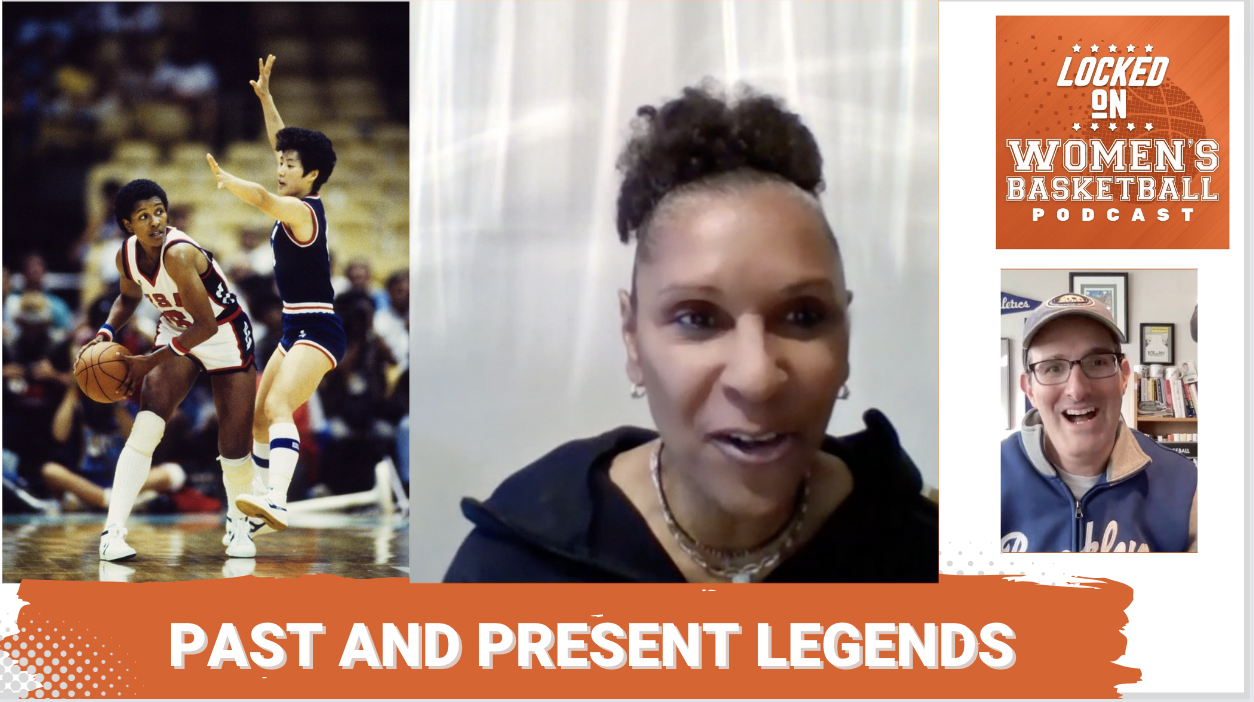 Graphic with photo of Lynette Woodard looking to pass the ball during an AIAW game. Locked On Women's Basketball logo at top right. Head shots of guest Lynette Woodard and host Howard Megdal at lower right. Text below reads "Past and Present Legends"